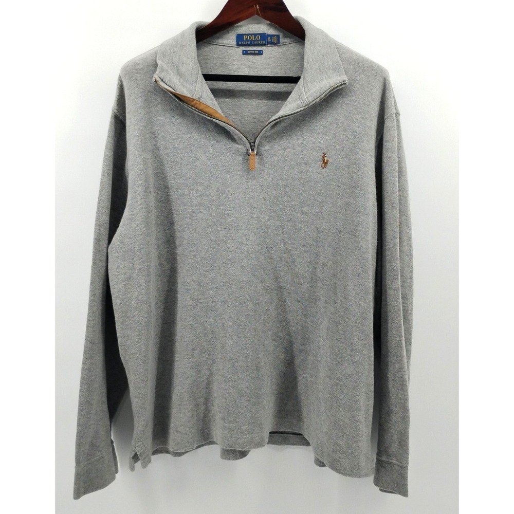 Polo Ralph Lauren Sweater Mens XL Grey Cotton 1/4 Zip Pullover Estate Rib